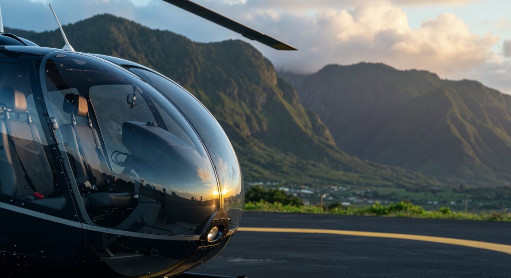 Hélicoptère Airbus H130 sur l'héliport de la Réunion avec les montagnes en arrière-plan