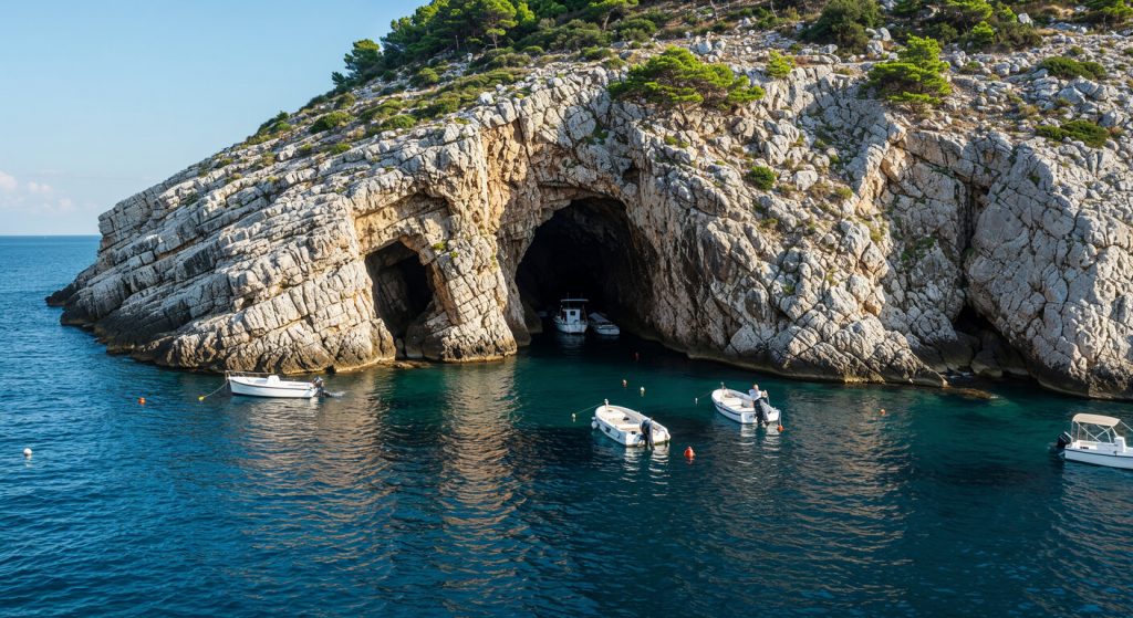 Île de Biševo vue depuis la mer avec l'entrée de la grotte bleue de Croatie