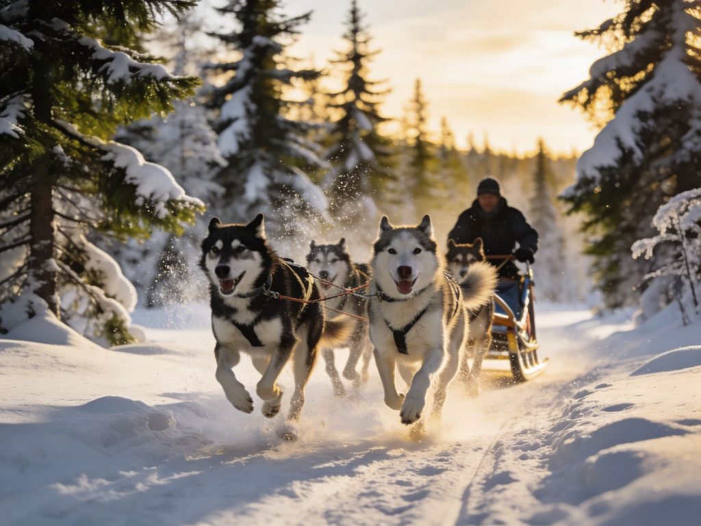 Balade en chiens de traîneau dans la forêt enneigée près de Luleå