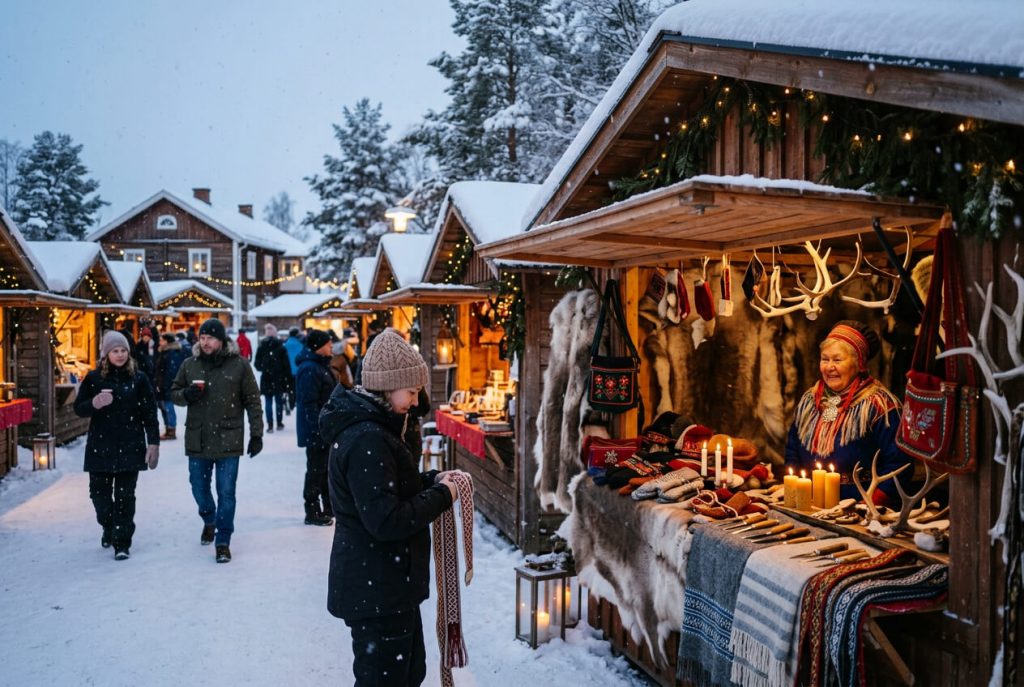 Marché d'hiver traditionnel en Laponie suédoise avec artisanat sami
